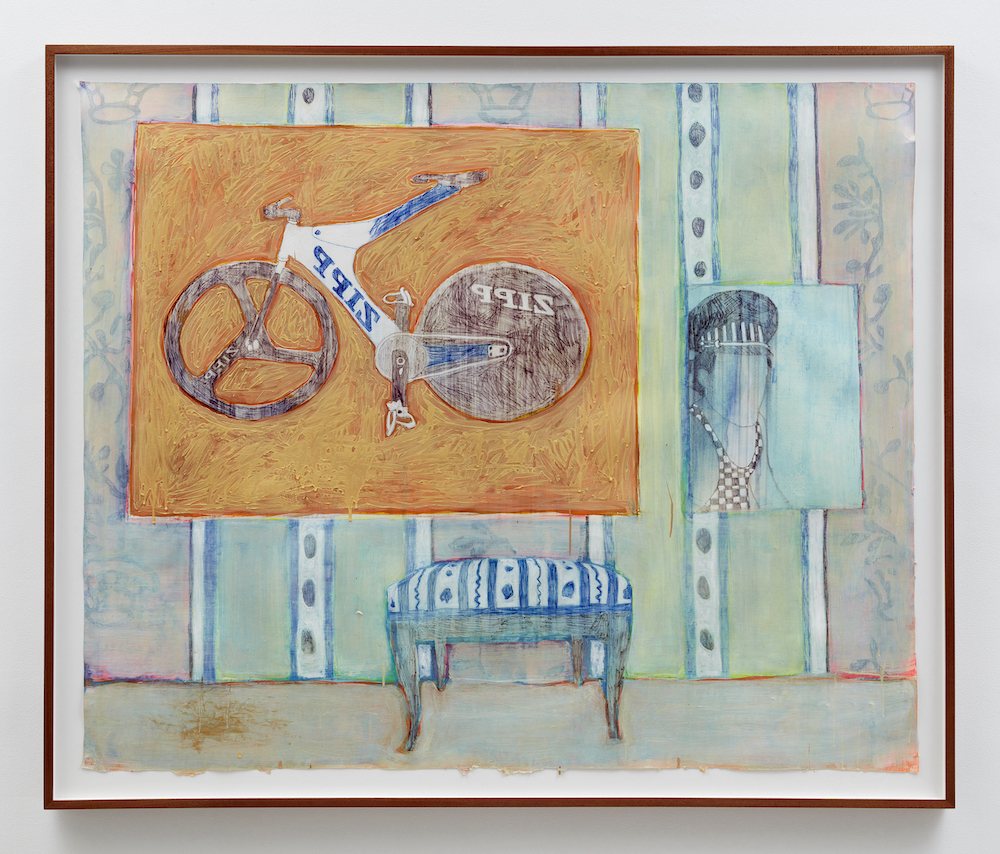 <i>Hobbies</i>, 2024. Ballpen, shellac, acrylic and oil on paper, 55 1/8 x 66 7/8 in (140 x 170 cm)